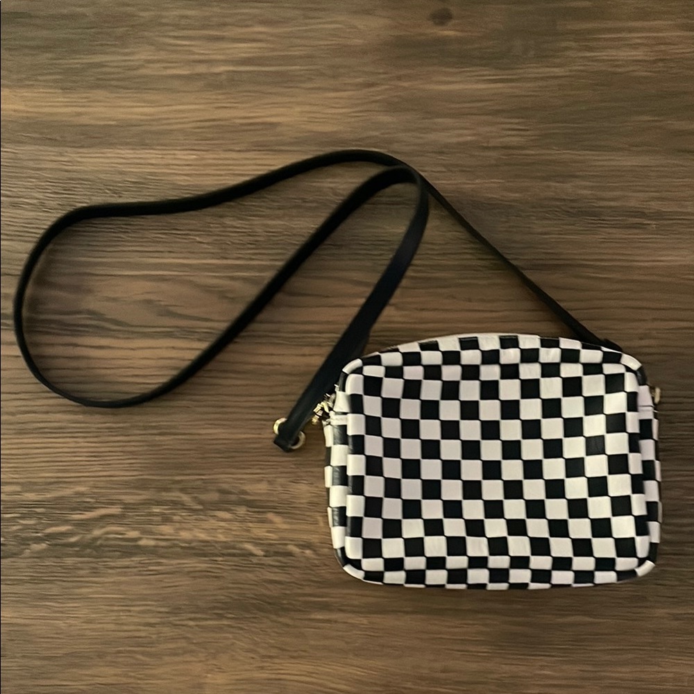 Clare V midi sac crossbody in black and white checkerboard pattern